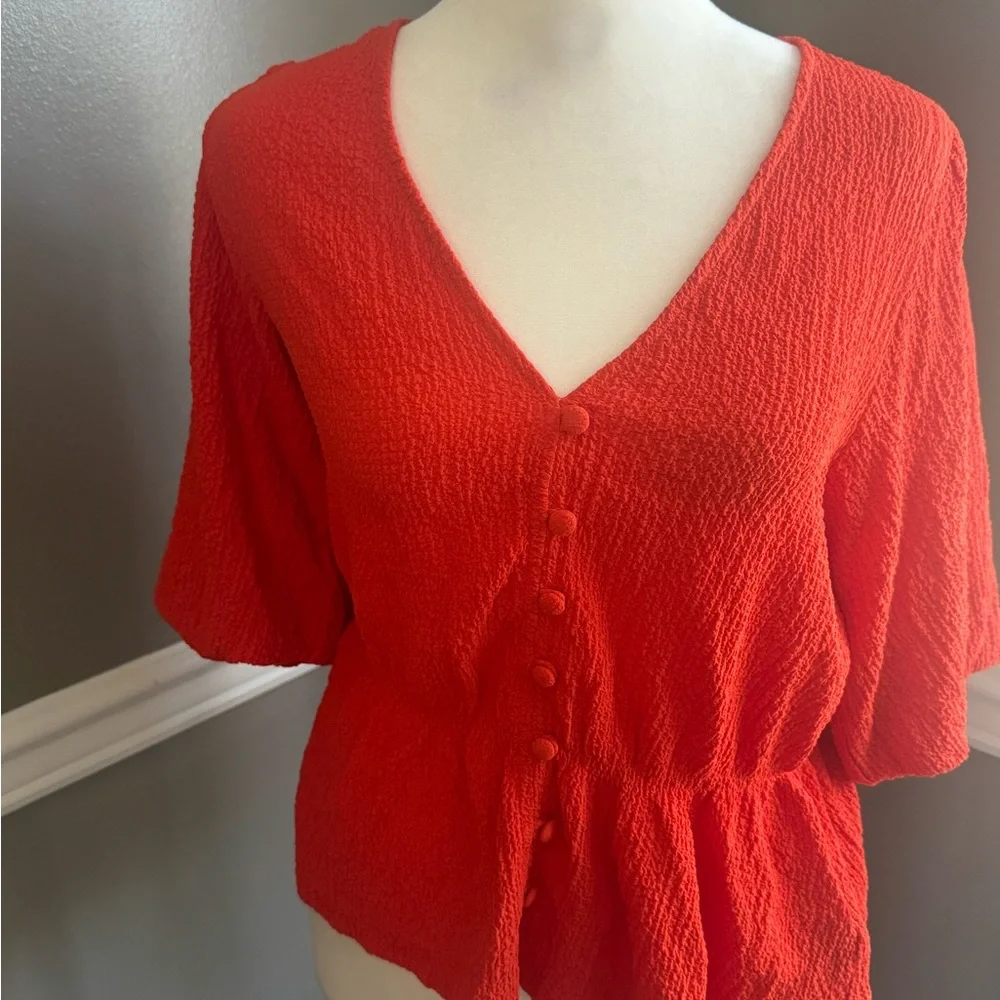 Sanctuary Textured‎ Button-Front Peplum Top Women's Spicy Orange Elbow Sleeve L